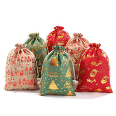 New Arrival Linen Burlap Christmas Eve Gift Bags 20*30Cm Gold Stamping for Children's Christmas Gifts MOQ 50pcs