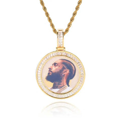 Hip Hop Jewelry CZ Custom Free Rope Chain Round Picture Pendant Custom Baguette Diamond Photo Pendants