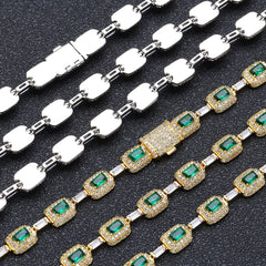 NUOYA Baguette Diamond Link Chain Necklace Silver Plated Micro Pave Emerald Zircon Bling Hip Hop Fine Jewelry