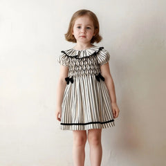 Boutique Classic Stripe Dress Baby Girl Bubble Sleeves Kids Fashion Clothing Ruffle Design Collar Luxury Child Wholesale Dresses