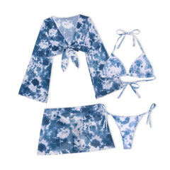 Hot Sale Women's Sexy Four-Piece Beach Bikini Split Tie-Dyed Ruffles Triangle Bra Swimwear Spandex Nylon Material