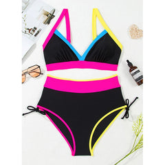 Dear-Lover  Fashon Color Block Drawstring Side V Neck High Waist Bikini Set