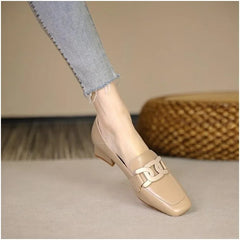 2024 New Casual Loafers Women's Slip-on British Style Metal Buckle square Head Small Leather Shoes in the Heel Single Shoes