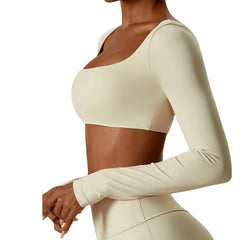 Square Collar Crop Tshirt Quick Dry Gym Top Fitness Yoga Crop Tops Wholesale Long Sleeve Crop Tops Tshirt for Women With Padded
