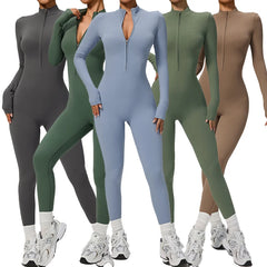 European and American Women's Sports Fitness Training Dance Bodysuit Zipper Naked Long Sleeve Yoga Jumpsuit One-Piece Tights