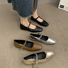 Silver Mary Jane Women's 2023 Spring and Autumn New Shallow Mouth Soft Flat French with Skirt Temperament Single Shoes