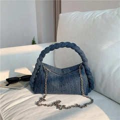 New Design Denim Shoulder Handbags Metal Chain Luxury Crossbody Bag Women Pure Handle Fashion Hand Bag Custom Denim Bag