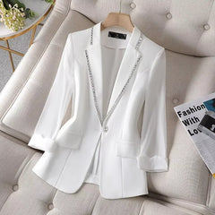 Custom Women Lady Suit Coat Chiffon Three Quarter Sleeve Thin Coat Solid Color Jacket Suit Lapel Diamond V-neck Elegant Coat
