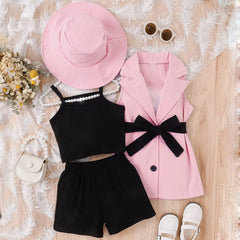 High Quality 2024 New Arrival Summer Girl Four-Piece SuitS With Strap Top +Shorts+Sleeveless Suit Jacket +Hat Kids Clothing Set