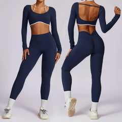 Yoga Suit Long Sleeve Vest Breathable Beautiful Back Sports Lingerie Slim Fit and Slim Fitness Pants Three-piece Set