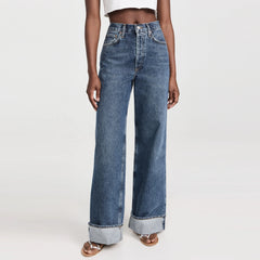 Super Long 100% Cotton High Rise Wide Leg Jeans