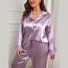 Plain Luxury Satin Sleepwear Blouse Ruffle Hem Pants Pj Set Elegant Silk Pajamas Ruffle Pajama Satin Loungewear Sleepwear Set