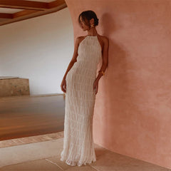 2025 Summer Maxi Dress Halter Neck Boho Beach Dress Sleeveless Flowy Party Dress Custom High End Summer Clothing OEM