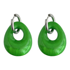 High-End Exaggerated Green Resin Chandelier Earrings Drop-Shaped with Geometric Stainless Steel Large Stylish Fashion Accessory