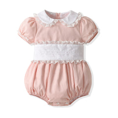 Summer Pink Toddler Girl Romper White Lace Peter Pan Collar Lace Splice Bubble Short Sleeves Sweet Baby Girls Rompers for Party