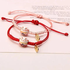 Simple Ceramic Lucky Cat Bracelet for Women Men Cute Animal Kitten Hand Braided Adjustable Bracelets Bangles Couple Jewelry Gift