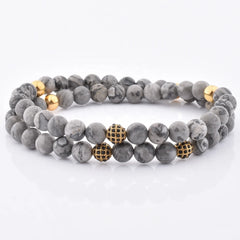 Factory Wholesale 6mm Matt Grey Jasper Stone Bead Stainless Steel Diamond Disco Ball Wrap Bracelet