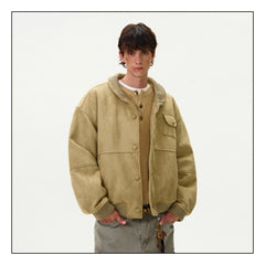 Men's Unisex Vintage Suede Jacket Autumn Winter Cotton-Padded Warm Loose Casual XL Size Windbreaker With Knitted Fabric