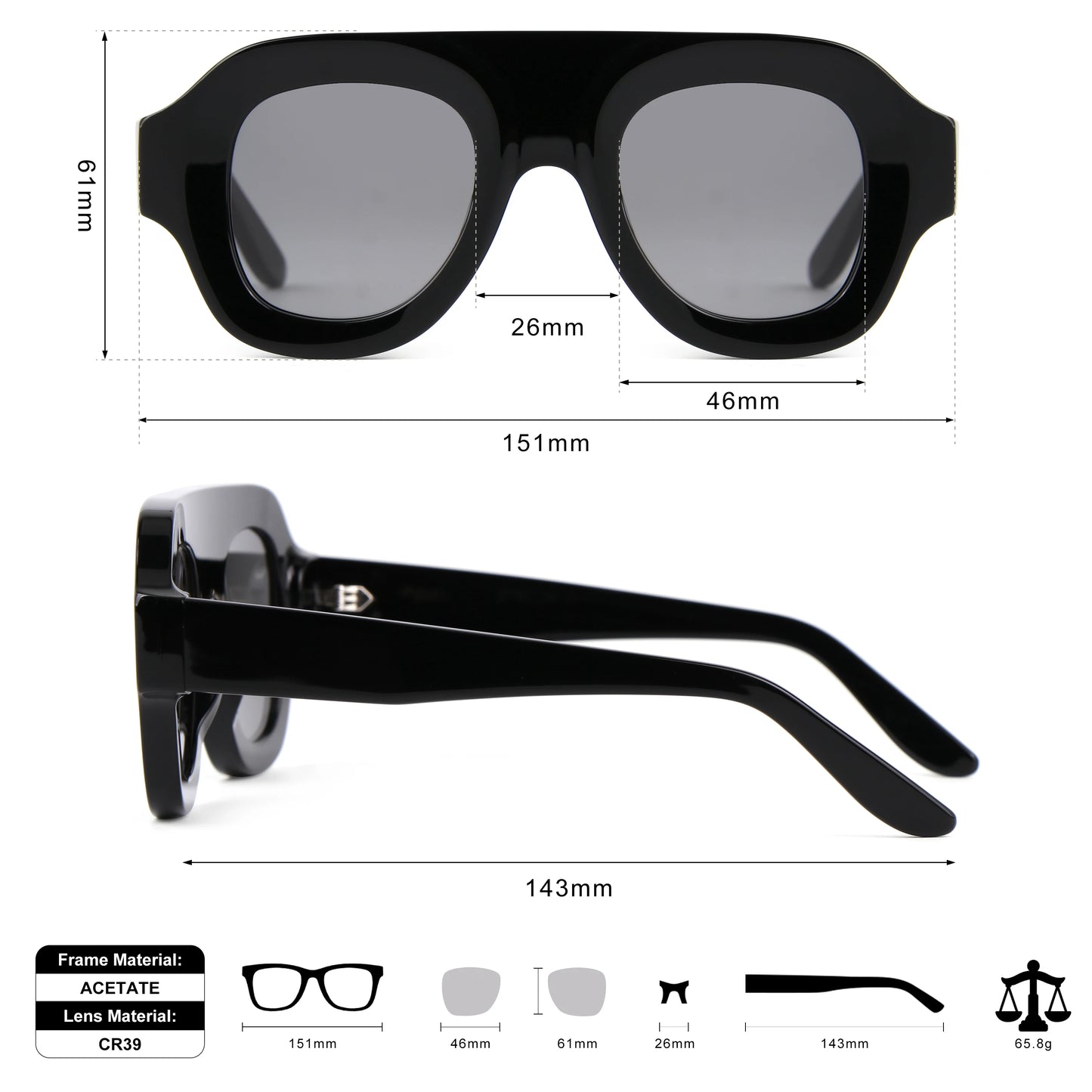 MCROONS Oversized Luxury Acetate Sunglasses, CR39 Lens, Unisex