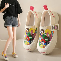 2024 Hot Design Lazy Set Feet Thick Soles Increase Teenage Graffiti Canvas Shoes for Ladies
