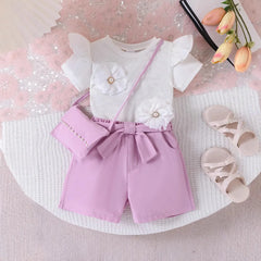 New Summer Girls Suit White Flower Short Sleeve Shorts Belt Shoulder Bag Four-piece Set