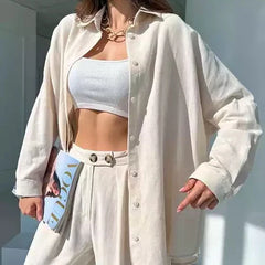 r  Trendy Tops Women Long Sleeve Blouse Casual Crop Tops Linen Lapel Bat Shirt High Waist Straight Pants Suit