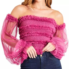 Custom 2023 Ladies Summer Casual Tops See-through Blouses Tunic Ruffle Long Sleeve off Shoulder Sexy Fashionable Tulle Top Women