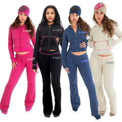 High Quality Lounge Wear Women Clothing Cropped Jacket With Sleek Essence Flared Lace Trim Leggings Women Jacket Two 2Pieces Set