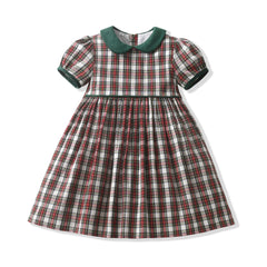 Plaid Kids Clothing Green Peter Pan Collar Puff Sleeves Vintage Party Gown Baby Girl Dress Toddler Christmas Dresses for Kids