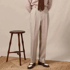 Men's High Waist Fitness Suit Pants High Quality Wool Silk Linen Washed Decoration Pleated Front Style Comfortable Sweatpants