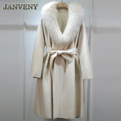 Winter New Double Sided Cashmere Jacket Women Big Real Natural Fox Fur Grass Knee Length Belted Woolen Trench Coat