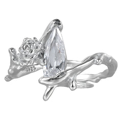 Rose Teardrop Zircon Ring S925 Sterling Silver Adjustable Textured Unique Designer Jewelry for Women Statement Fine Silver Rings