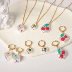 Findings Cherry Fruit Dice Teacher Flower Cute Hoop Pearl Earring and Necklace Set for Women Kid Diy Acrylic Earrings Wholesale