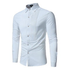 High Quality Polyester Men's Business Office Dress Shirt Long Sleeve Front Pleated Design Knitted Weaving European Pattern Satin