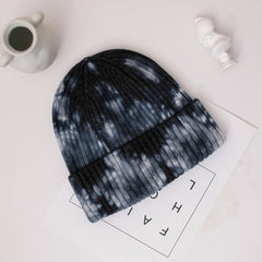 Tie-Dyed Men's Women's Melon-Shaped Hat Warm Japanese Style Coarse Knit Thick Cold Hat with Woven Logo Hip-Hop Sports Style