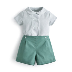 Boutique Kids Clothing Set Summer Cotton Short Sleeve Double Breasted Green Striped Shirt Breathable Overalls Outfits for Baby