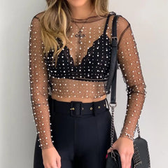 Custom Sexy See Through T Shirt Metallic Shimmer Sheer Tops Pearl Rhinestones Party Long Sleeve Blouse Mesh Crop Tops for Women