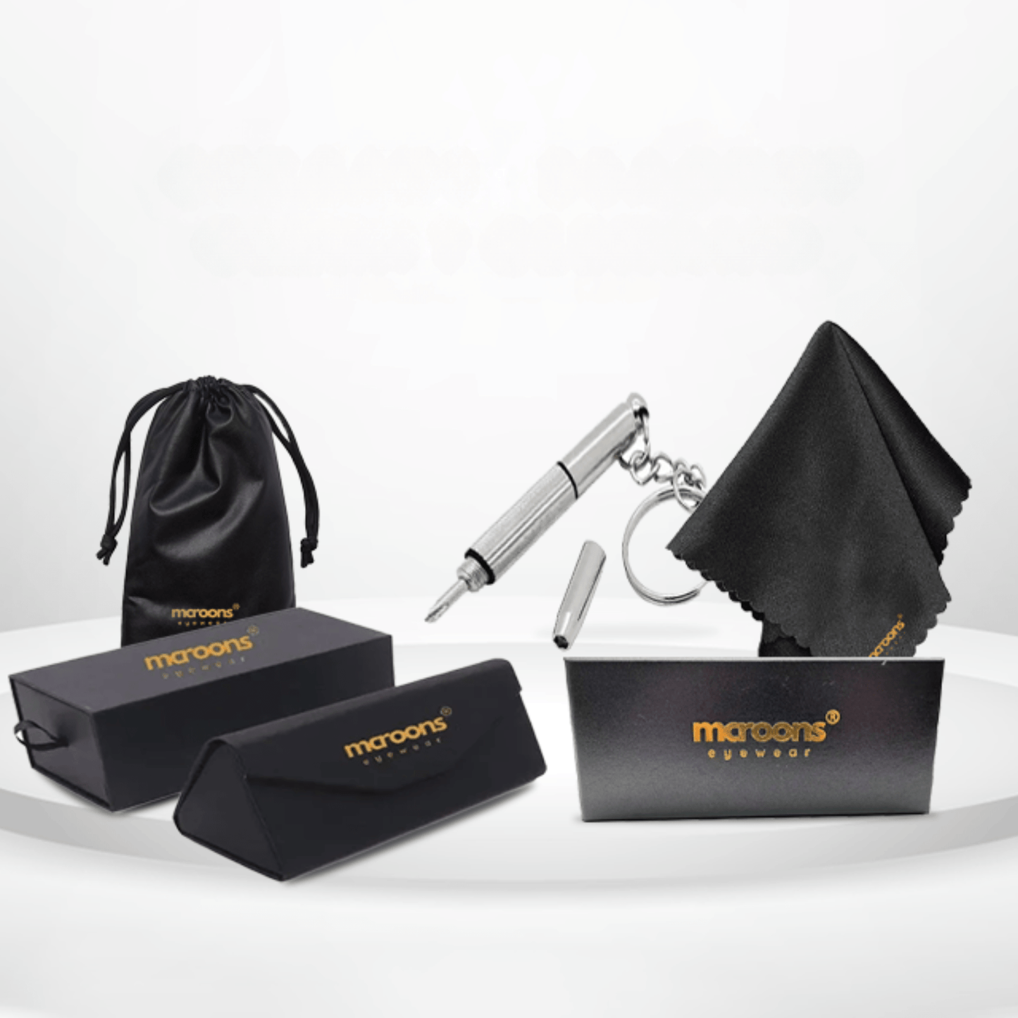 Glasses Care Kit: Folding Case, Cleaning Cloth, Pouch, Drawer Box, & Screwdriver - MCROONS.COM