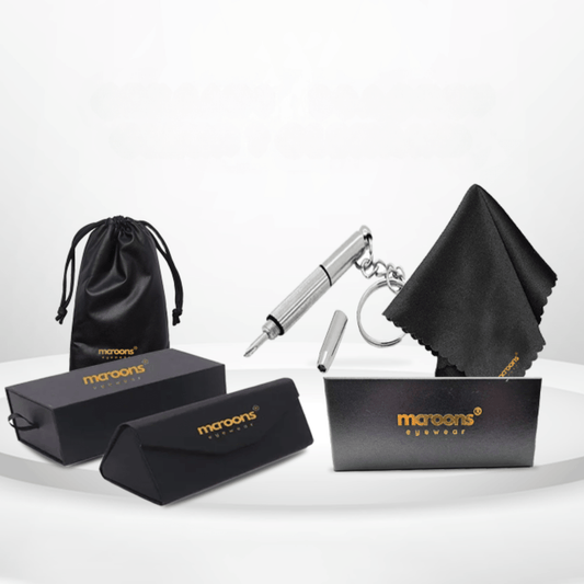Glasses Care Kit: Folding Case, Cleaning Cloth, Pouch, Drawer Box, & Screwdriver - MCROONS.COM