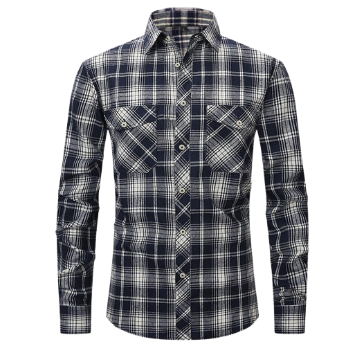 Men's High-End Vintage Style Plaid Flannel Shirt Long Sleeved Double Pocket Fashionable Print Cotton Casual Shirt Anti-Wrinkle